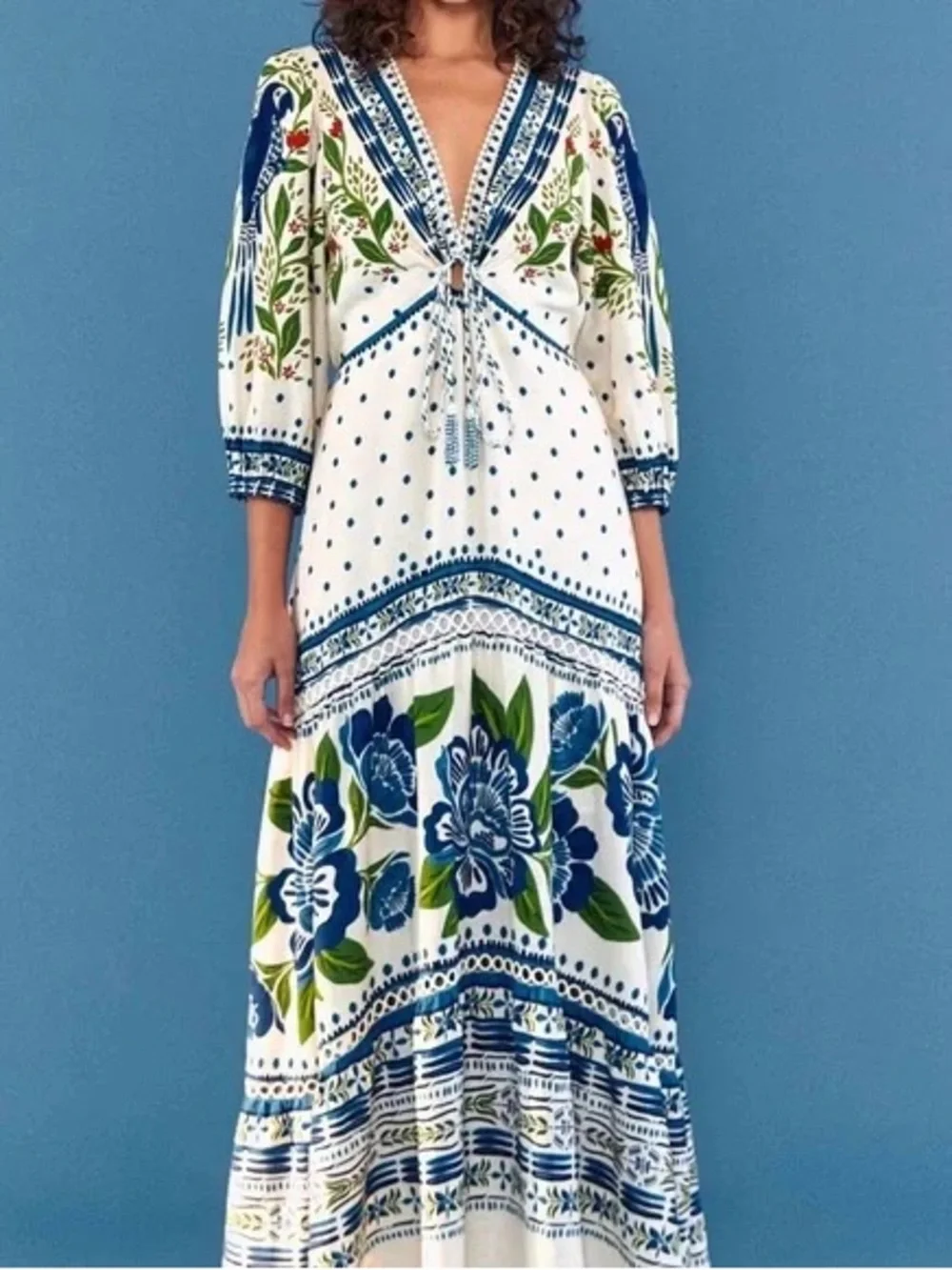 FARM Rio White Maxi Dress with Blue & Green Floral Print - Picture 1 of 3